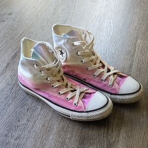 Converse High-Tops in Pink and White Lanscape Tennis Shoes Chuck Taylors